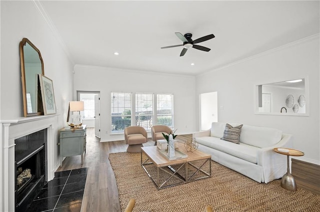 living room with crown molding, a fireplace, dark hardwood / wood-style floors, and ceiling fan