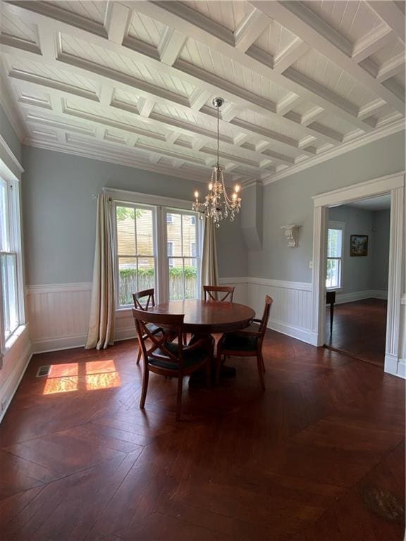 112 Kilmarnock St, Mobile, AL 36604 - dining room with wainscoting, a chandelier, ornamental molding, and coffered ceiling