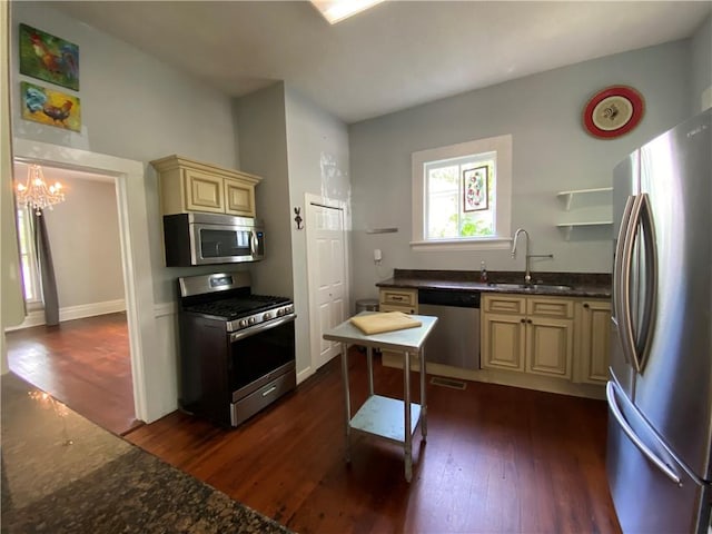 112 Kilmarnock St, Mobile, AL 36604 - kitchen with appliances with stainless steel finishes, cream cabinetry, a sink, and dark wood-style floors