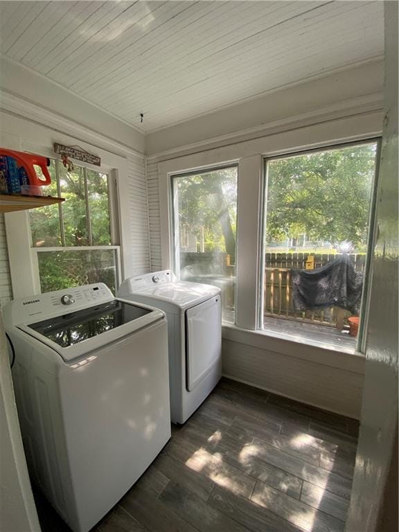112 Kilmarnock St, Mobile, AL 36604 - washroom featuring washer and clothes dryer, ornamental molding, dark wood-type flooring, and wooden ceiling