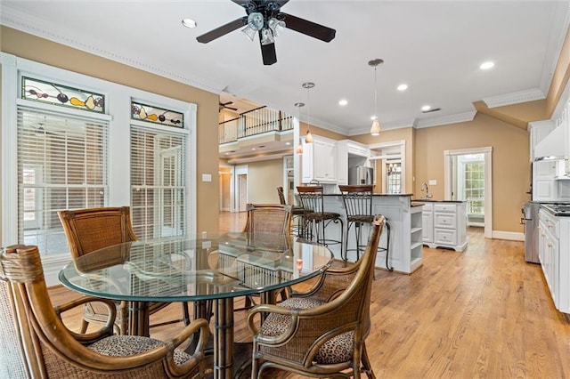 2605 Charleston Oaks Dr W, Mobile, AL 36695 - dining room with ornamental molding, a ceiling fan, recessed lighting, and light wood finished floors