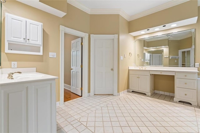 2605 Charleston Oaks Dr W, Mobile, AL 36695 - full bath with crown molding, vanity, a ceiling fan, and tile patterned flooring