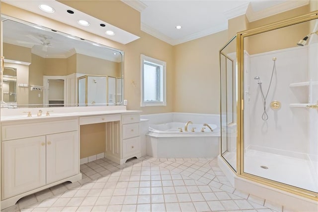 2605 Charleston Oaks Dr W, Mobile, AL 36695 - full bathroom featuring a shower stall, crown molding, a bath, vanity, and ceiling fan