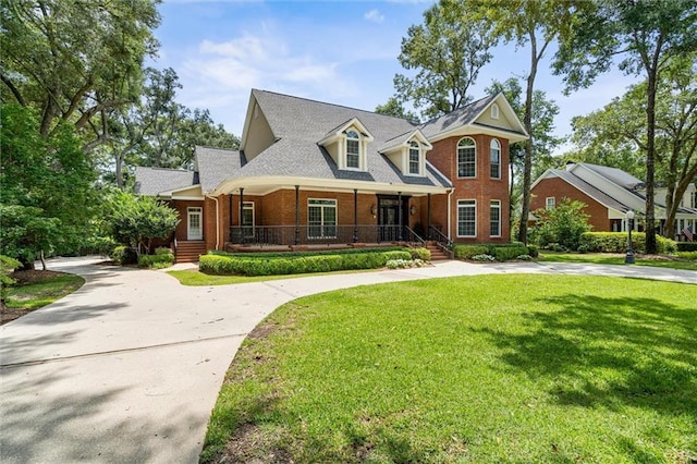 2605 Charleston Oaks Dr W, Mobile, AL 36695 - view of front of house featuring covered porch, curved driveway, brick siding, a front yard, and a shingled roof