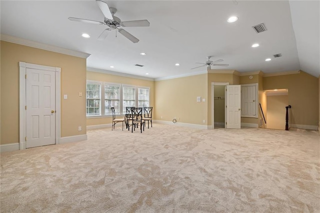 2605 Charleston Oaks Dr W, Mobile, AL 36695 - empty room with a ceiling fan, ornamental molding, recessed lighting, and light colored carpet