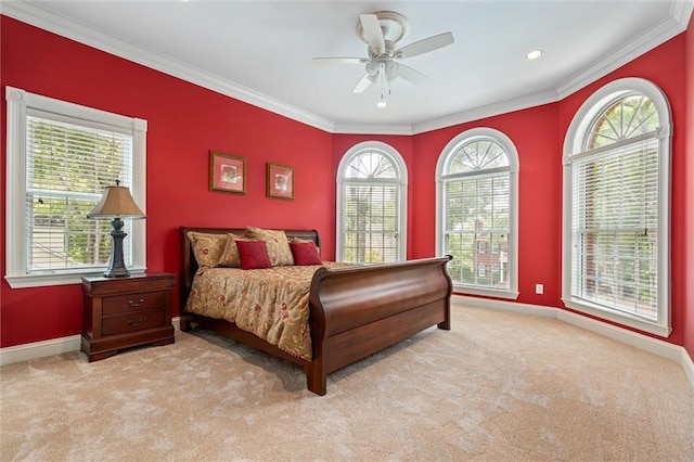 2605 Charleston Oaks Dr W, Mobile, AL 36695 - bedroom with ornamental molding, carpet, ceiling fan, and recessed lighting