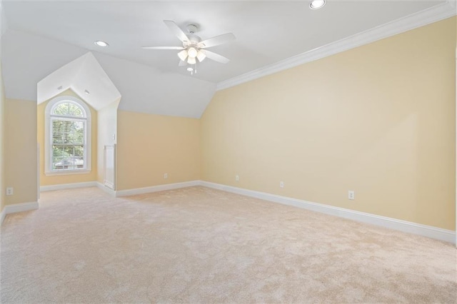 2605 Charleston Oaks Dr W, Mobile, AL 36695 - additional living space with a ceiling fan, light carpet, vaulted ceiling, and recessed lighting