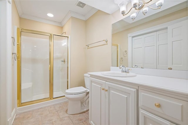 2605 Charleston Oaks Dr W, Mobile, AL 36695 - bathroom featuring a stall shower, vanity, crown molding, tile patterned flooring, and recessed lighting
