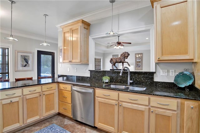 kitchen featuring dishwasher, hanging light fixtures, sink, ornamental molding, and dark stone countertops