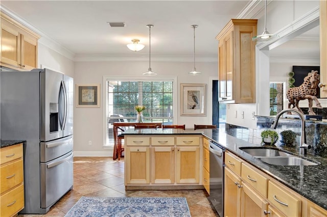 kitchen featuring light brown cabinetry, hanging light fixtures, sink, ornamental molding, and stainless steel appliances