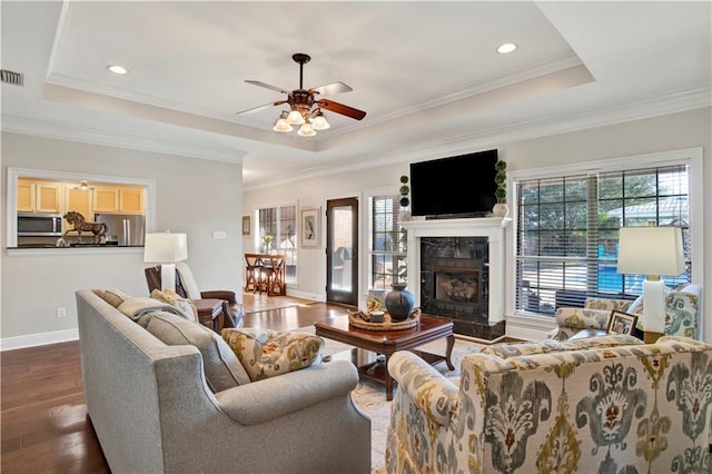 living room with dark wood-type flooring, a premium fireplace, plenty of natural light, and a raised ceiling