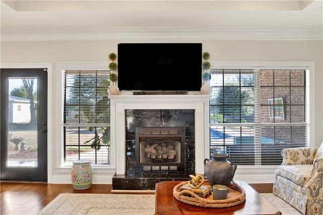 living room with plenty of natural light, hardwood / wood-style floors, crown molding, and a premium fireplace