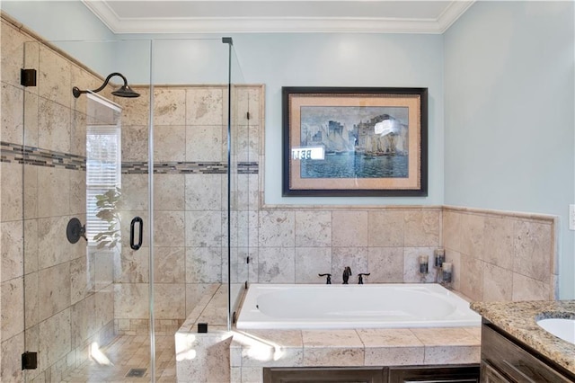 bathroom with independent shower and bath, ornamental molding, and vanity