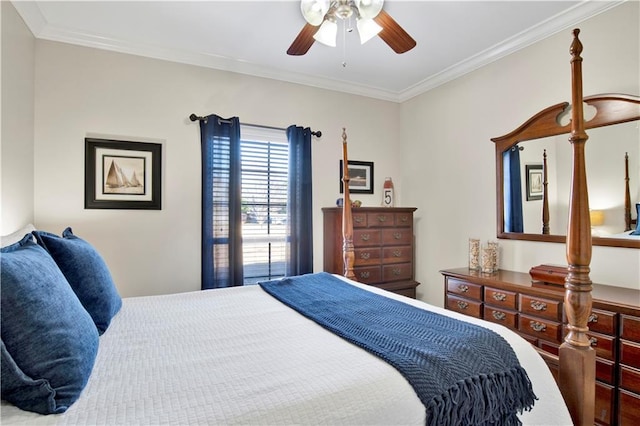 bedroom with crown molding and ceiling fan