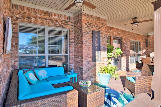 view of patio featuring ceiling fan and outdoor lounge area