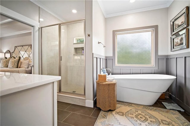 bathroom featuring crown molding, tile patterned flooring, and plus walk in shower