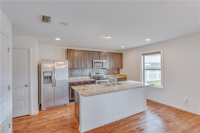 3473 Summer Woods Cir W, Mobile, AL 36695 - kitchen featuring stainless steel appliances, a sink, light wood-style floors, backsplash, and a kitchen island with sink
