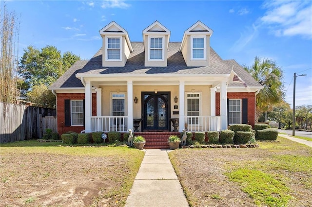 view of front of home featuring brick siding, french doors, a porch, and fence