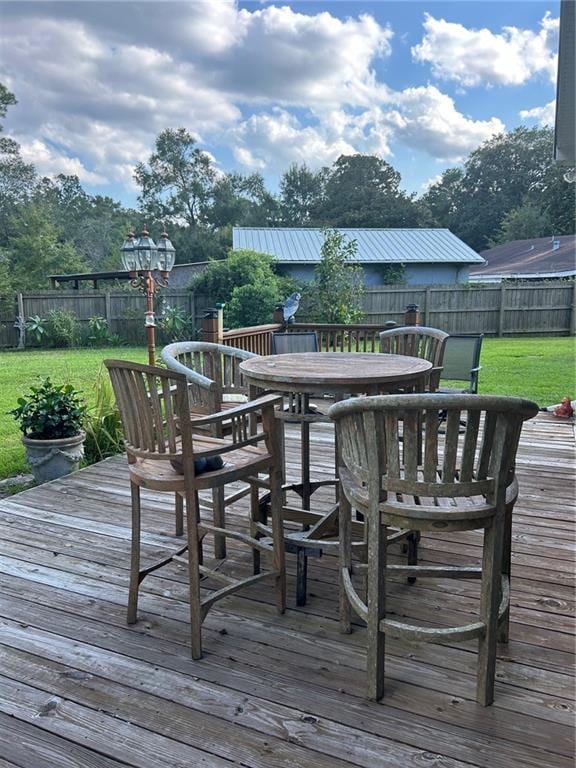 deck featuring a yard, a fenced backyard, and outdoor dining space