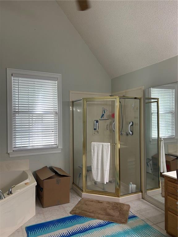 bathroom with independent shower and bath, plenty of natural light, and vaulted ceiling