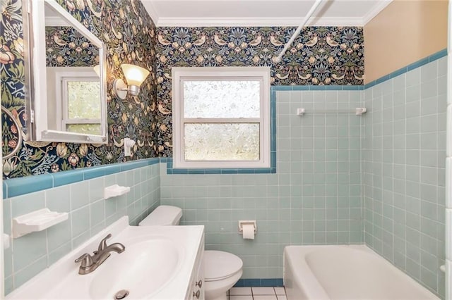 full bath with toilet, wallpapered walls,  shower combination, crown molding, and wainscoting