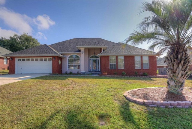 ranch-style home featuring a garage and a front yard