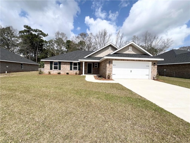 ranch-style home with a garage, brick siding, concrete driveway, and a front yard