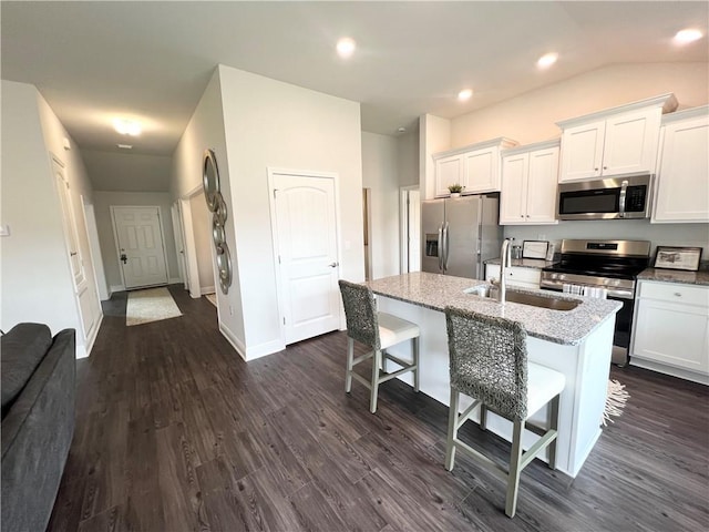 kitchen featuring appliances with stainless steel finishes, an island with sink, dark wood-type flooring, and a sink