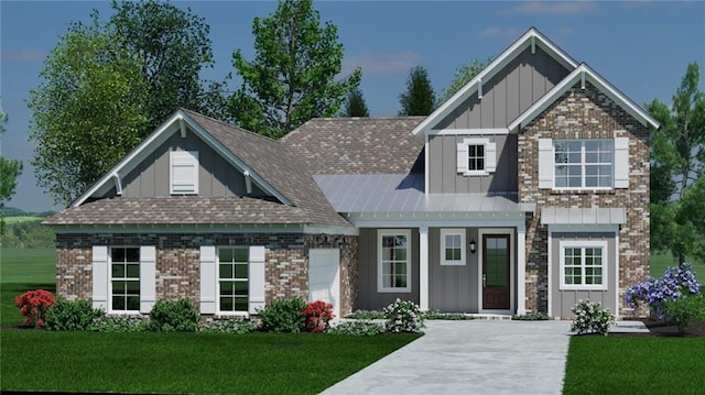 craftsman-style home with a front lawn, brick siding, board and batten siding, and roof with shingles