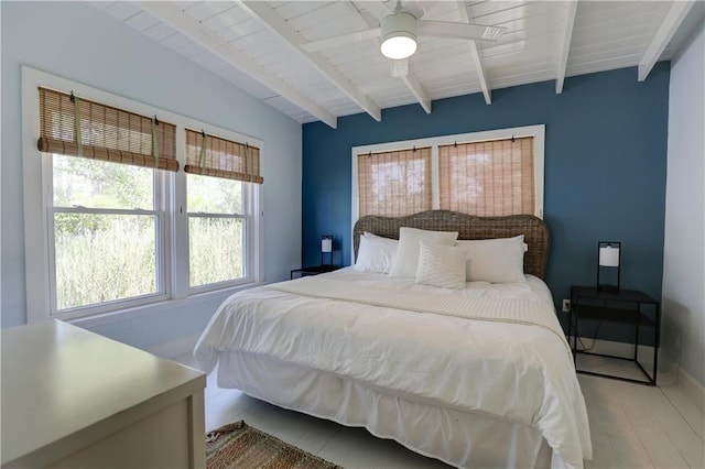 bedroom featuring ceiling fan, wood ceiling, and lofted ceiling with beams