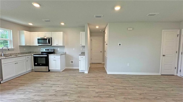 kitchen featuring white cabinets, sink, light wood-type flooring, and stainless steel appliances