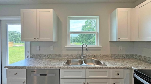 kitchen featuring dishwasher, white cabinets, and sink