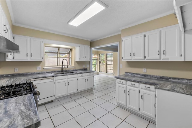 kitchen featuring white dishwasher, white cabinets, sink, ornamental molding, and light tile patterned flooring