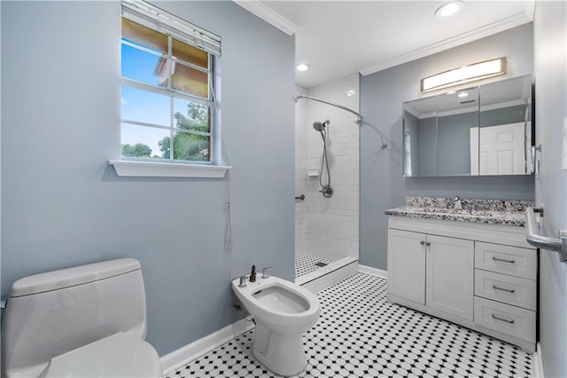 bathroom with a bidet, a tile shower, vanity, crown molding, and toilet