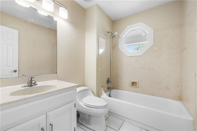 full bathroom featuring toilet, vanity, tile patterned floors, and shower / bathtub combination