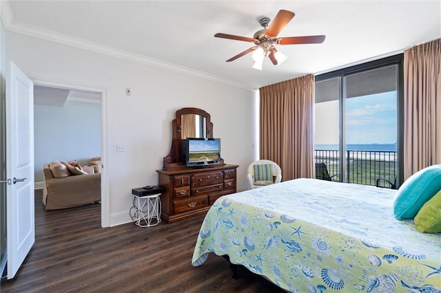 bedroom with ceiling fan, dark wood-type flooring, baseboards, access to exterior, and ornamental molding