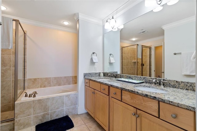 full bath featuring crown molding, a sink, visible vents, and tile patterned floors