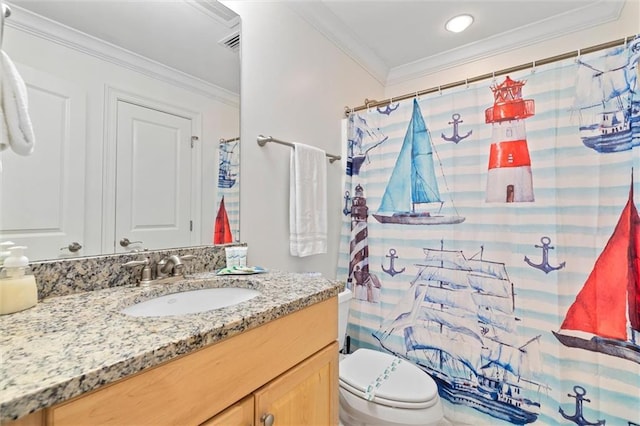 full bathroom with ornamental molding, curtained shower, vanity, and toilet