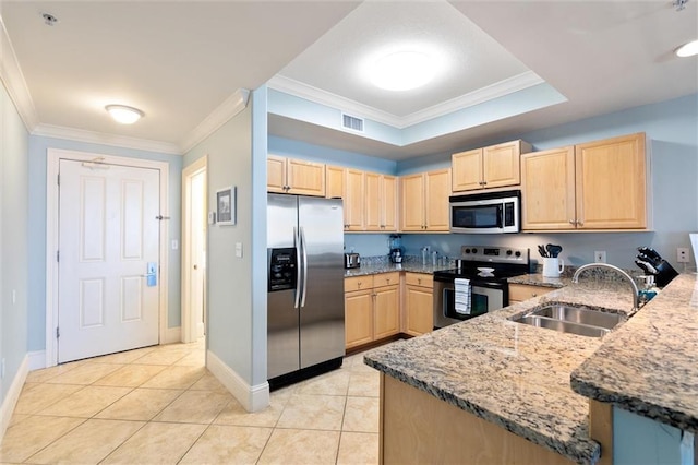 kitchen featuring appliances with stainless steel finishes, light stone counters, ornamental molding, light brown cabinets, and a sink