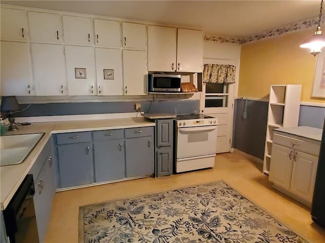 kitchen with white electric range oven, dishwasher, decorative light fixtures, sink, and gray cabinets