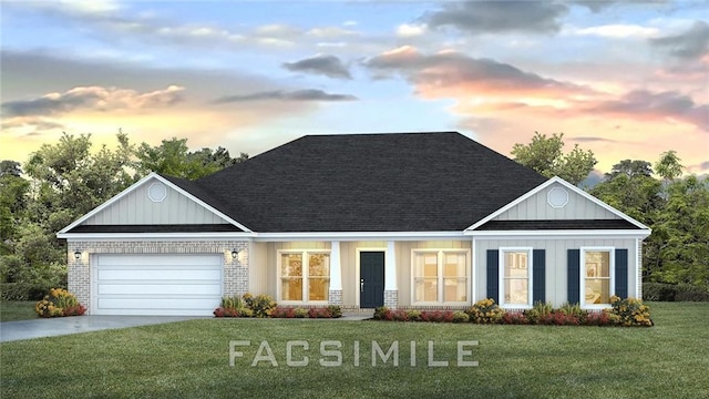 9851 Nadine Ln, Mobile, AL 36695 - view of front of property featuring a front yard, an attached garage, driveway, a shingled roof, and brick siding