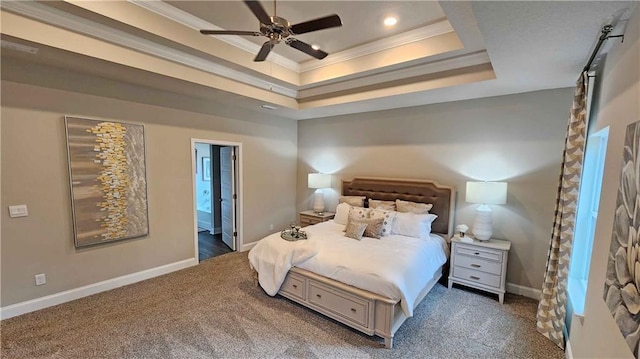 9851 Nadine Ln, Mobile, AL 36695 - carpeted bedroom featuring crown molding, a tray ceiling, recessed lighting, ensuite bathroom, and ceiling fan