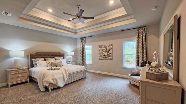 9851 Nadine Ln, Mobile, AL 36695 - bedroom featuring crown molding, a tray ceiling, carpet floors, recessed lighting, and ceiling fan