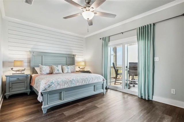 bedroom featuring ornamental molding, dark hardwood / wood-style floors, access to exterior, and ceiling fan