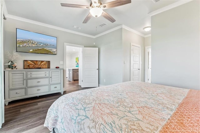 bedroom featuring ornamental molding, connected bathroom, ceiling fan, and dark hardwood / wood-style flooring