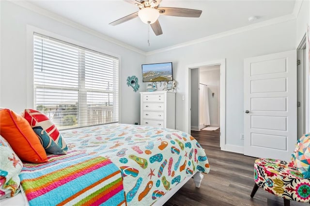 bedroom with dark wood-type flooring, ceiling fan, and ornamental molding