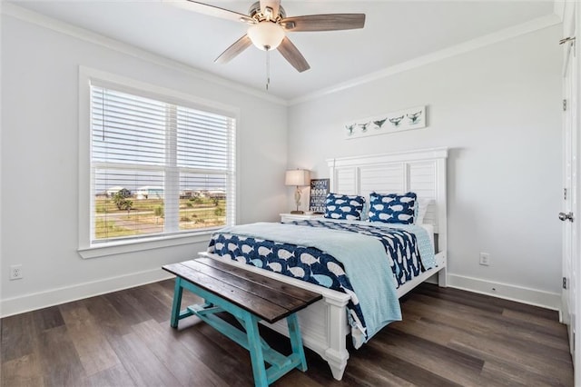 bedroom featuring ornamental molding, ceiling fan, and dark hardwood / wood-style flooring