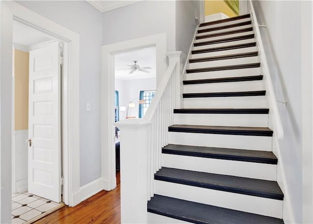 stairs with ornamental molding, baseboards, and wood finished floors