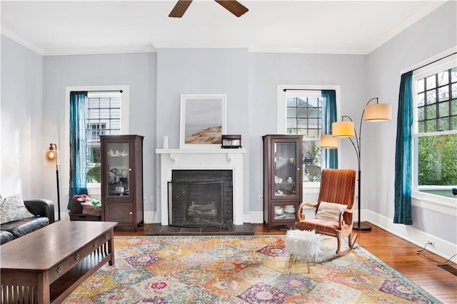 living area with baseboards, a fireplace with raised hearth, a ceiling fan, ornamental molding, and wood finished floors