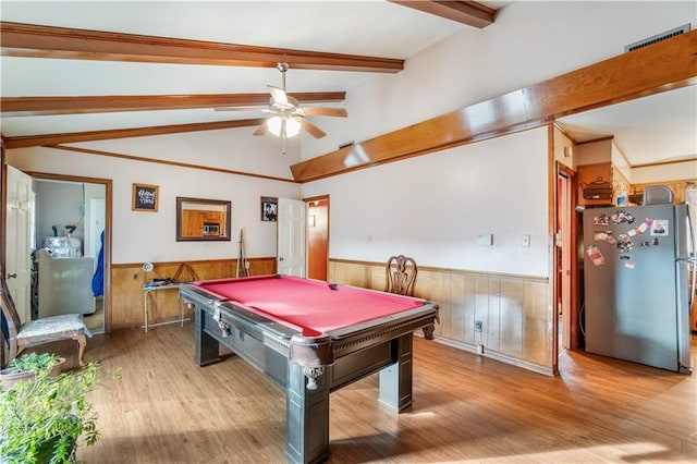 recreation room with ceiling fan, vaulted ceiling with beams, light hardwood / wood-style floors, and billiards